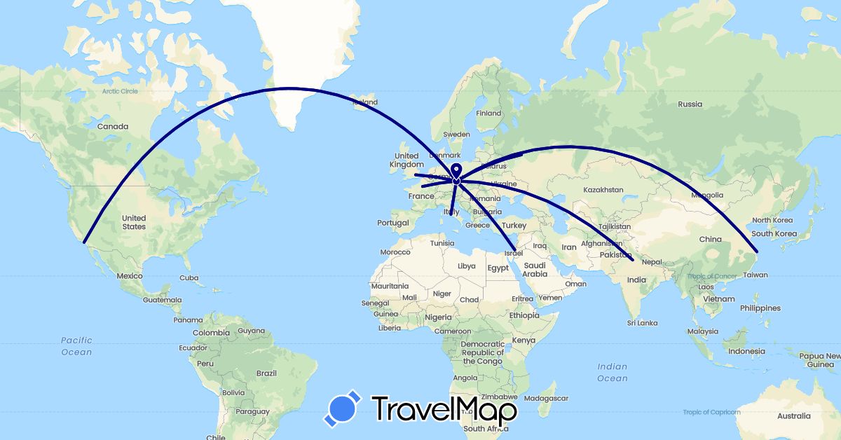TravelMap itinerary: driving in China, Czech Republic, Germany, France, United Kingdom, Israel, India, Italy, Russia, Slovakia, United States (Asia, Europe, North America)